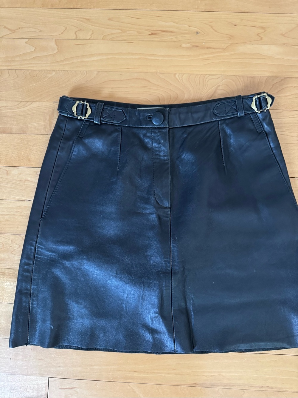 Sandro Black Leather Mini Skirt with Gold Buckle Detail